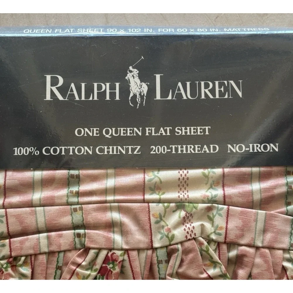Vtg Ralph Lauren Queen Flat Sheet Lillian NIP Cotton Chintz Floral Pink Stripe